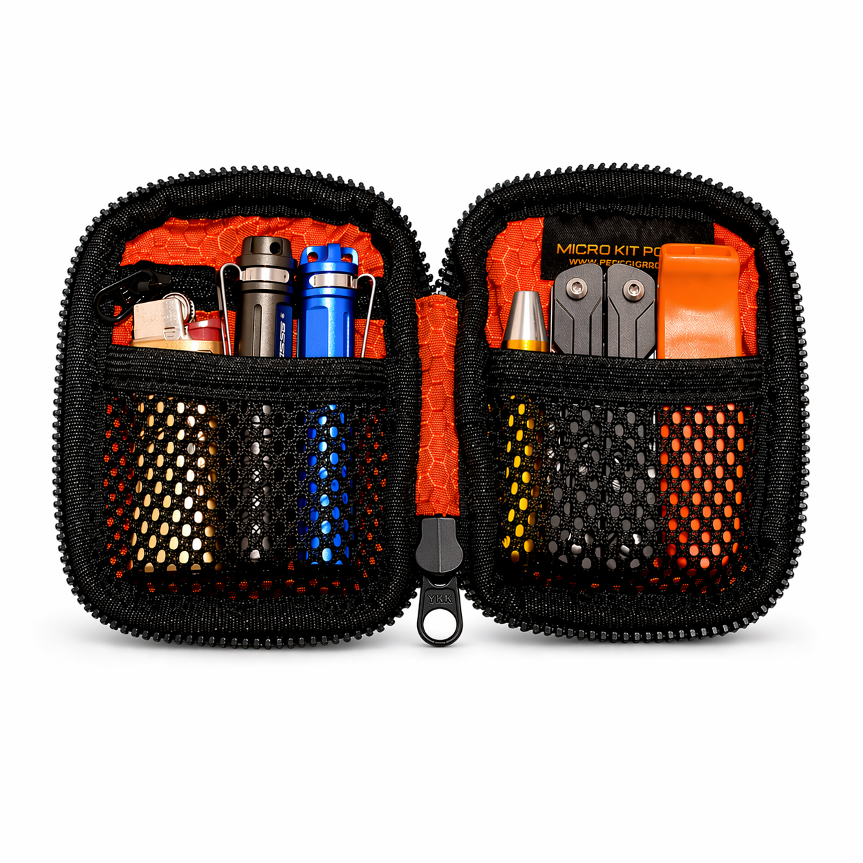 FirmGuards Micro Kit Pouch Hook and Loop edition open view showing black Cordura exterior, orange honeycomb interior, mesh pockets, and organized everyday carry gear on a white background