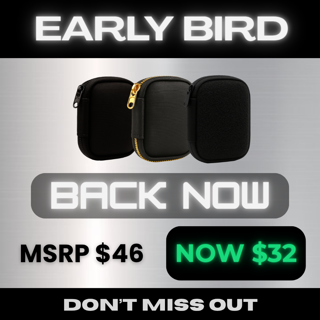FirmGuards Micro Kit Pouch early bird Kickstarter promotion showing three pouch variants in black and gold. Text highlights: MSRP $46, now $32, Early Bird, Back Now, and Don't Miss Out.