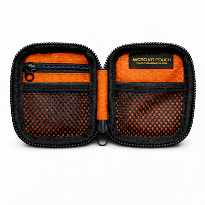 Firmguards Micro Kit Pouch Geek Series with hook and loop design open view featuring black zippers orange hex interior and organized EDC compartments on white background
